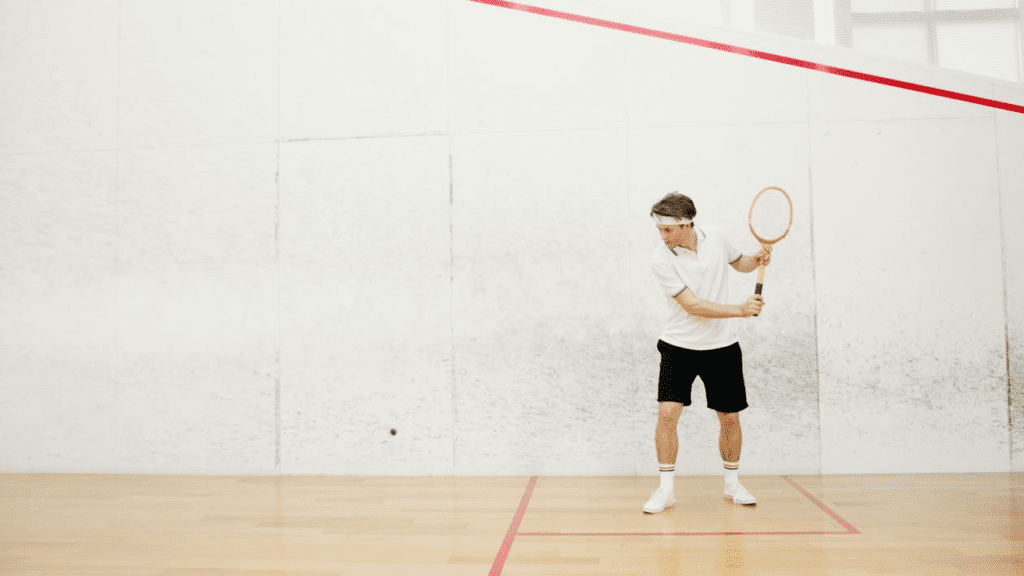 A person hitting a squash ball with a racket in a squash court.